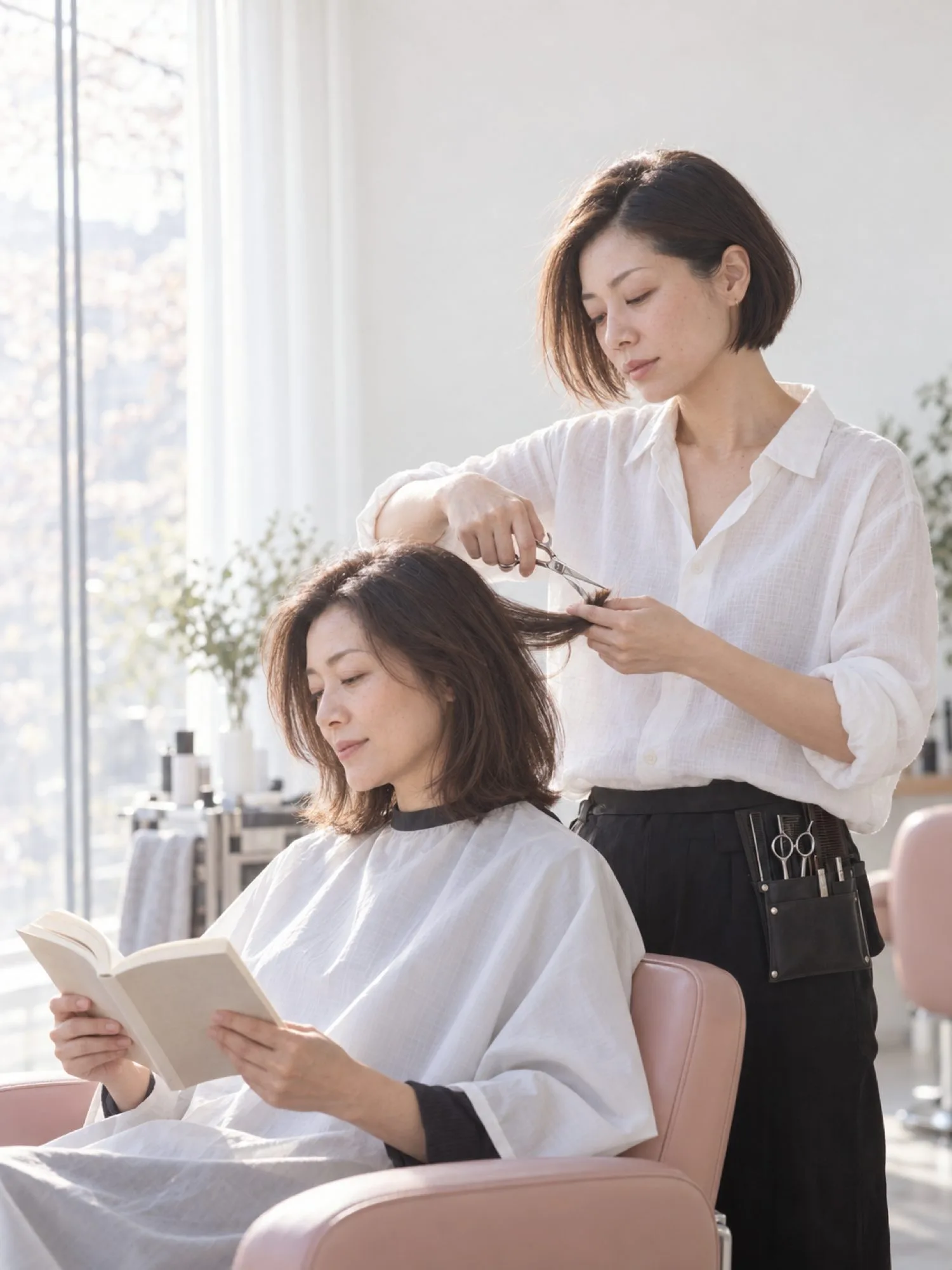 カットの途中、お客さまは膝の上の本を読み、後ろのスタイリストは黙って毛先を整えている（写真は見本）