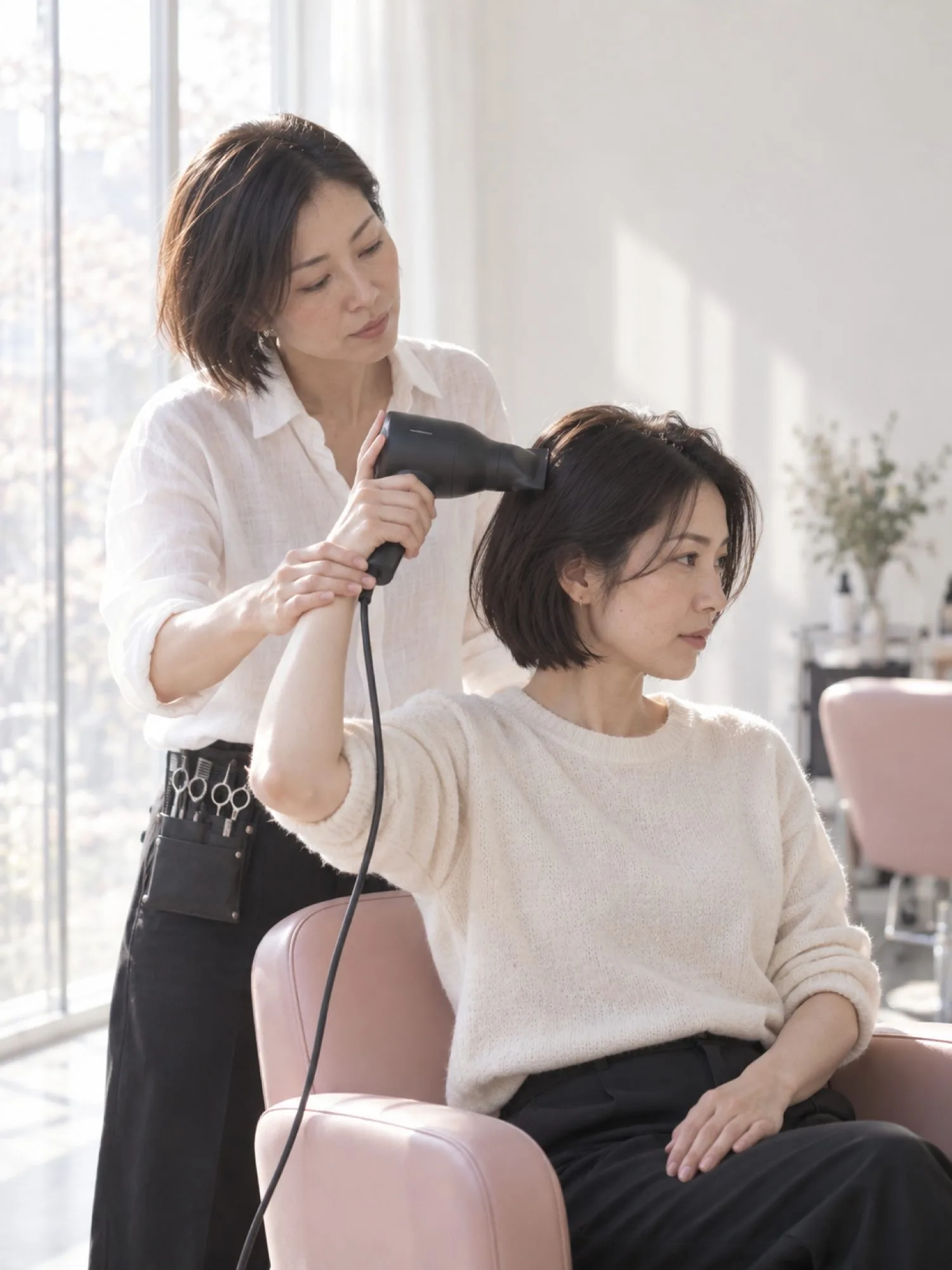席に座ったお客さまが自分でドライヤーを持ち、後ろに立つスタイリストが手首に手を添えて風の向きを教えている（写真は見本）