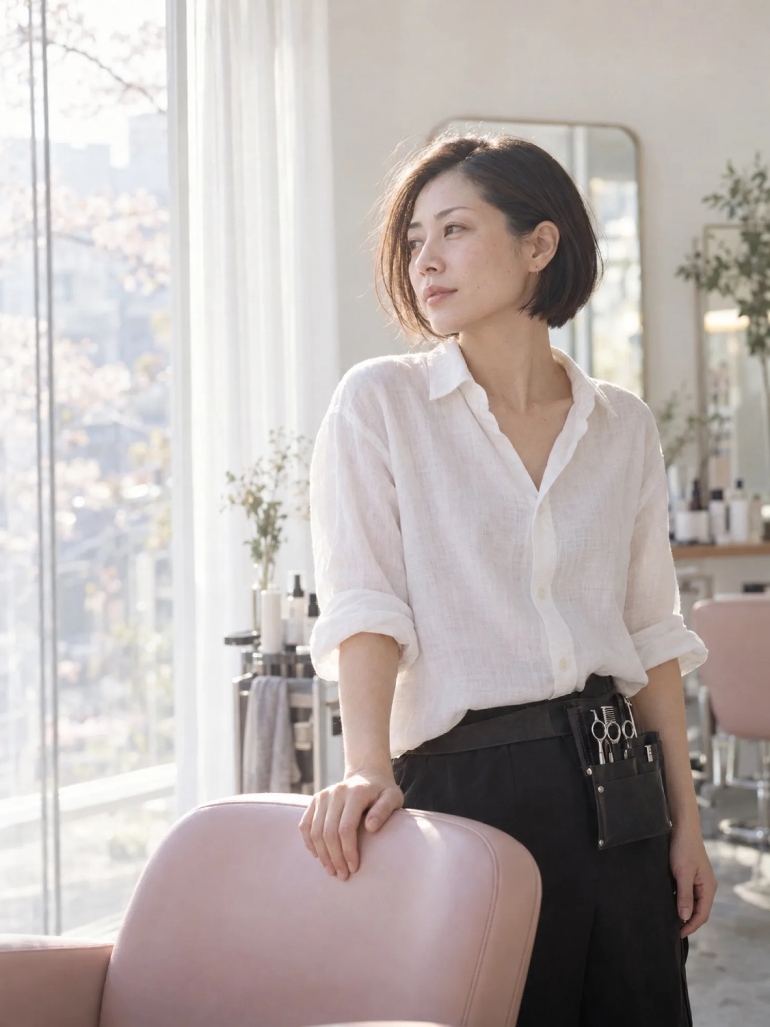 窓辺の椅子の背に手を置いて立つ、スタイリストの白石 葉（写真は見本）